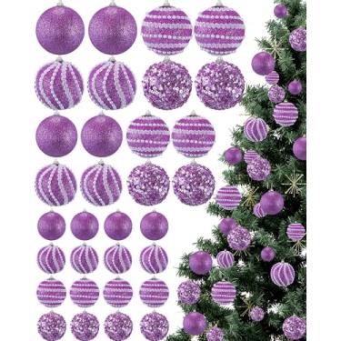 Imagem de Sonwyoung 32 bolas de Natal para pendurar – 3 tamanhos com glitter pérola e lantejoulas enfeites de árvore de Natal bolas de pérolas para guirlanda de árvores de Natal (roxo claro)