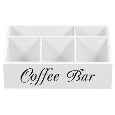 Imagem de Organizador para estação de café, 5 compartimentos, acessórios para cafeteria, barra de madeira, suporte vintage para bancada (branco)