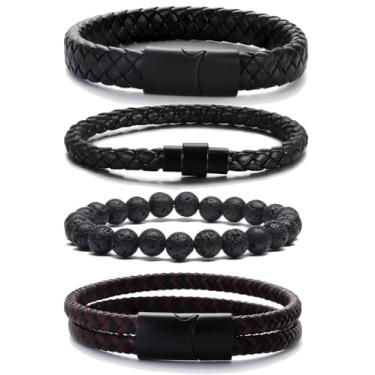 Imagem de DOUVEI Pacote com 4 pulseiras masculinas de couro e contas – Pulseiras de corda trançada multicamadas + contas de pedra vulcânica – Inclui bolsa de veludo para presente, One Size, Couro sintético