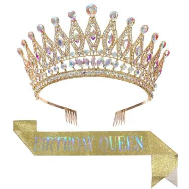 Imagem de YIXIANGPING Conjunto de faixa de cabeça com faixa de aniversário coroa 40 50 etiqueta de aniversário e rainha, Birthday Queen, One Size Fits Most