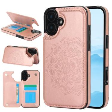 Imagem de Capa carteira para iPhone 17, anti-impressão digital com couro sintético durável e TPU, padrão mandala em relevo, à prova de choque, 3 compartimentos para cartão e suporte (ouro rosa)