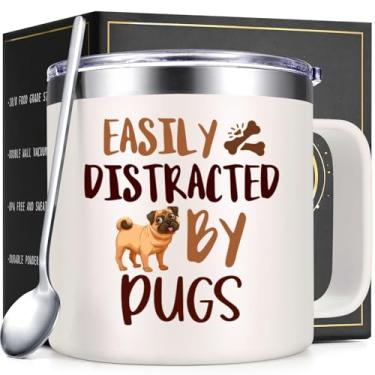 Imagem de Lifecapido Pug Gifts for Pug Lovers, easily Distracted By Pugs Caneca de café isolada de 400 ml com tampa e canudo, presentes de aniversário de Natal para amantes de cães, amigas, mulheres e homens