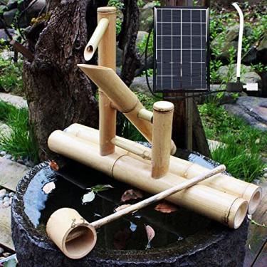 Imagem de Fontes de água externas alimentadas por energia solar, fonte de decoração de jardim zen interno ou externo, fonte de água de bambu com bomba solar, painel solar de 6 W, filtro de água, tubo de água de