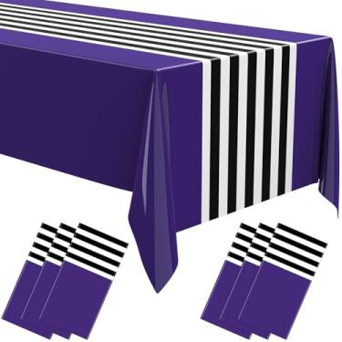 Imagem de Oudain 6 peças de toalha de mesa listrada 277 x 137 cm toalha de mesa de plástico descartável impermeável toalha de mesa retangular para aniversário, casamento, festa de casamento (preto, branco, roxo