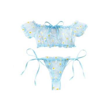 Imagem de Conjunto de lingerie Lilosy Sexy Stretch Ruffle Tie Sheer Mesh Blue