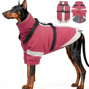 Imagem de Casaco para cães 3GG com arnês refletivo 2 em 1 para passear com cães | Casaco de inverno com gola rolê à prova de vento para cães grandes, roupa de neve com mangas que protegem as juntas, roupas para