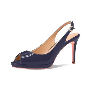 Imagem de Wrynthevia Sandália feminina de couro envernizado com salto alto plataforma Peep Toe com fivela ajustável, elegante salto agulha para vestido e festa de escritório, Azul marino, 38