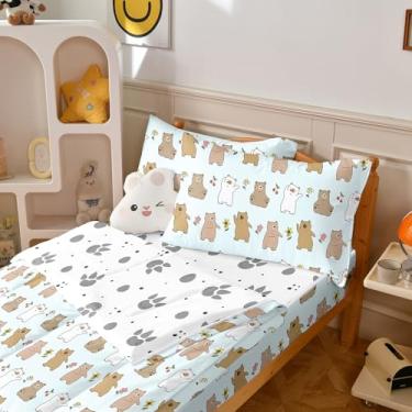 Imagem de Yadangxiawa Jogo de edredom infantil, solteiro, com estampa de ursos de desenho animado, pata, lençol com elástico e fronhas para todas as estações (ursos)