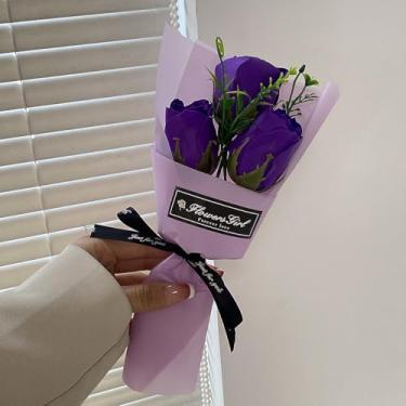 Imagem de Buquê de rosas artificiais, plantas e flores artificiais, pétalas de flor sabonete, presentes de dia dos namorados para mulheres, mãe, esposa, namorada (roxo, 24 cm)