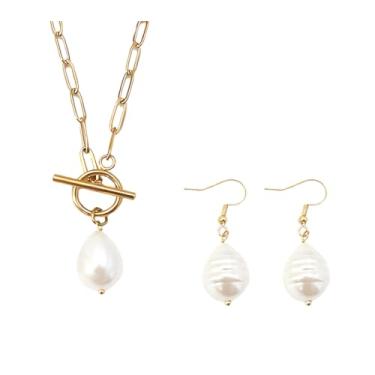 Imagem de REEBOOOR Colar delicado com pingente de gota barroca de corrente de ouro 18 K, conjunto de brincos de colar de lápis-lazúli, turquesa, moderno, colar, brincos, colar fofo, joia minimalista, Large