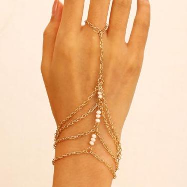 Imagem de Corrente exclusiva, de nicho, moderna, delicada, corrente de várias camadas, pulseira de contas integrada com dedos com contas de arroz para mulheres, One Size, Plástico, Sem Pedra Preciosa