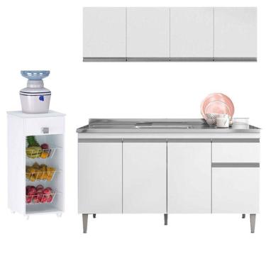 Imagem de Balcão De Pia Tatiane 145 Cm E Armário Aéreo Andréia 4 Portas 150 Cm Com Fruteira Monalise Branco Brilho - Ajl