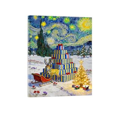 Imagem de Natal Quadro em tela-Árvore caixa presente tema Noite Estrelada-Imagem moderna decoração casa-Pôster impressões prontos para pendurar 60x80cm24x31in Tela Embrulhada