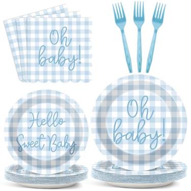 Imagem de 96PCS Blue Gingham Party Decorations Oh Baby Paper Plates Napkins Blue Gingham Tableware Dinnerware Set Hello Sweet Boy Party Supplies for Boys Girls Gender Reveal Birthday Welcome Parties Favors