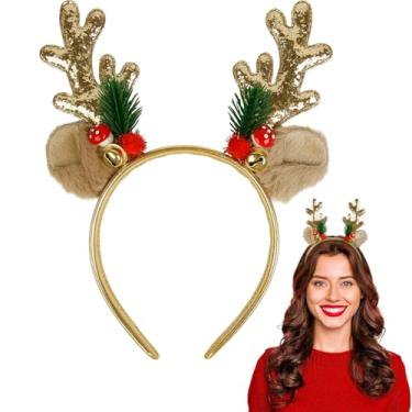 Imagem de TEBIEKOY Faixa de cabeça de chifres de veado de Natal dourada, chifres de rena, fantasia de veado para mulheres e adultos, faixa de cabeça de orelhas de veado fofas para festa de cosplay de Natal