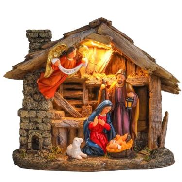 Imagem de MUMTOP Conjunto de presépio com manjedoura, conjunto de presépio de resina com luzes LED e música, estátua de sagrada família e anjo com manjedoura para decoração de Natal de capela de casa de férias