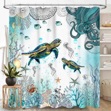 Imagem de Cortinas de chuveiro tartarugas marinhas, tentáculos de polvo costeiro náutico, cavalo-marinho, estrela-do-mar, oceano, praia, submarino, azul-petróleo, verde, impermeável, conjunto de cortina de
