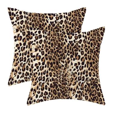 Imagem de Capas de almofada com estampa de leopardo 20 x 20 conjunto de 2 almofadas decorativas de pele de chita moderna ao ar livre algodão quadrado casa de fazenda animal capa de almofada para sofá de casa