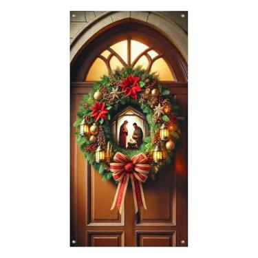 Imagem de BlissYard Capa de porta de presépio de Feliz Natal, faixa decorativa de 89 x 188 cm, com laço vermelho, lanternas de poinsétias e ornamentos dourados para exibições de inverno internas e externas