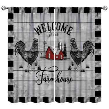 Imagem de XBDDZSW Cortinas vintage de galo para cozinha, vintage rústica fazenda de madeira prancha de madeira estampa de galo quarto sala de estar varão bolso cortinas de janela 2 painéis L 106 x C 113
