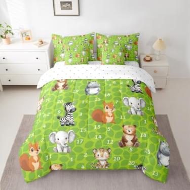 Imagem de Feelyou Jogo de edredom com animais da selva, 7 peças, solteiro, desenho animado, urso, para crianças, meninos, meninas, esquilo fofo, para decoração de quarto de tigre, zebra, folhas botânicas, verde