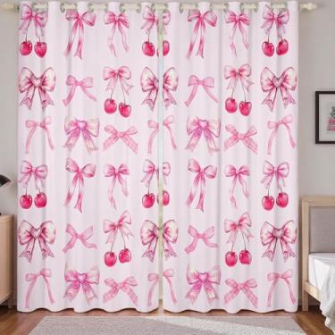 Imagem de Cortinas blecaute com laço de cereja rosa lindas cortinas de laço de fita de seda 2 painéis 132 cm L L x 213 cm C, cortinas de gravata borboleta e cortinas de janela kawaii sonhadoras, decoração de
