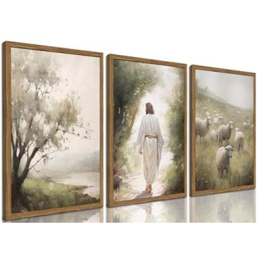Imagem de Conjunto de 3 arte de parede em tela emoldurada Jesus Deixa as 99 ovelhas, decoração de parede com imagens cristãs, impressões de pintura de Jesus e cordeiro perdido, decoração religiosa para casa