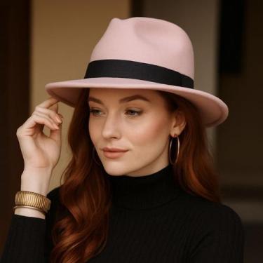 Imagem de Chapéu Fedora Rosa Rose de Feltro Premium com Faixa - NoBrand