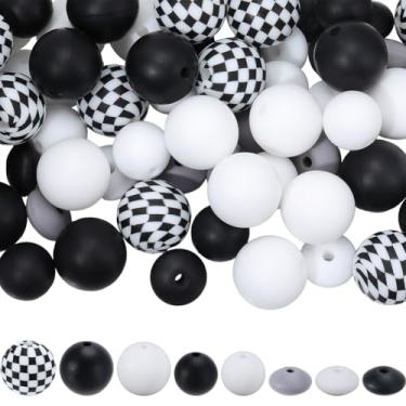 Imagem de SUNNYCLUE 100 peças, 8 estilos, contas de silicone preto e branco, kit de contas focais, borracha macia, grade redonda, estampa tartan, espaçadores soltos para fazer joias, pulseira, chaveiro, caneta