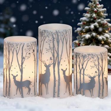 Imagem de Lasumora Velas de Natal de rena prata de bétula com temporizador 6H, vela de LED de cera real cintilante sem chama, pilar de velas operadas por bateria para decoração de casa, decorações de Natal