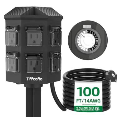 Imagem de TiFFCOFiO Régua elétrica externa à prova d'água, temporizador mecânico 24 horas, cabo de extensão de 1,8 m, 6 tomadas aterradas para luzes externas, listado ETL (30 pés)