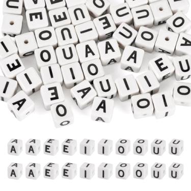 Imagem de FASHEWELRY 50 peças de contas de letras de vogal de cerâmica para pulseiras, contas espaçadoras de alfabeto de porcelana cubo inicial AEIOU conta focal para fazer joias, brincos, colar, artesanato DIY
