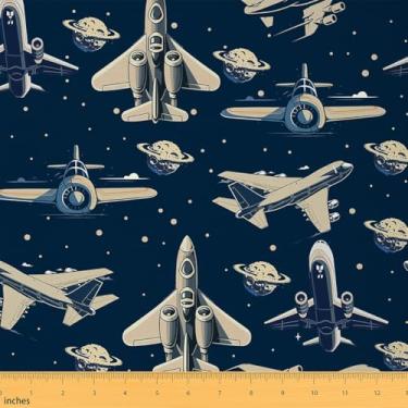 Imagem de Tecido de aeronave infantil meninos por jarda, tecido de estofamento de planetas galáxia estrelada, pano decorativo misterioso do espaço sideral para estofamento, artesanato azul marinho e suprimentos