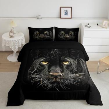 Imagem de Manfei Conjunto de edredom com estampa de leopardo, tamanho casal, guepardo africano, preto, decoração de quarto de adolescentes, animais selvagens, microfibra macia, 3 peças