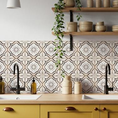 Imagem de MEIHEA Decalques de azulejo marroquino de 16 unidades de 15 cm – adesivos autoadesivos de parede de vinil, à prova d'água para cozinha, banheiro, detalhe de piso de escada (marrom)