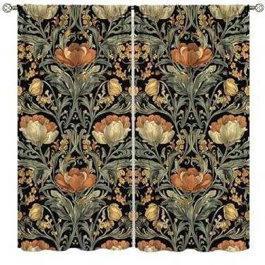 Imagem de Cortinas de pássaros de plantas rústicas para cozinha, estilo William Morris, vintage, azul, natural, botânica, floral, folhagem, arte abstrata, impressão de cortinas para janela, para meninos