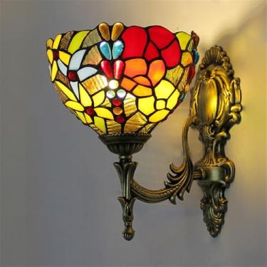 Imagem de Luminária de parede retrô americana com LED, estilo europeu de luxo, para sala de estar, quarto, escritório, casa de campo, hotel, restaurante, café, bar, corredor, com vidro colorido (Estil