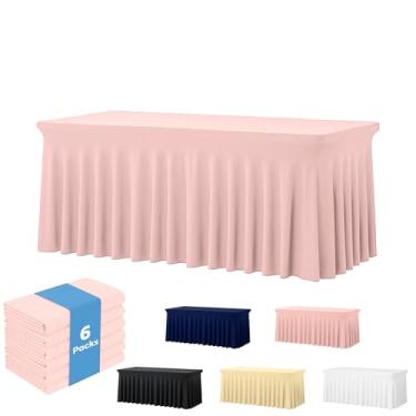 Imagem de Deep Dream Pacote com 6 toalhas de mesa ajustadas de elastano rosa para mesas retangulares de 2,3 m, sem rugas, toalha de mesa elástica para festa, banquete, casamento e eventos