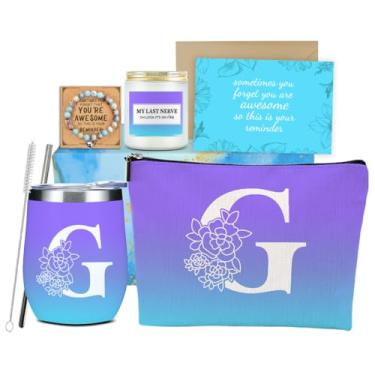 Imagem de Azul Inicial G Monograma Presentes Personalizados Presentes de Aniversário para Mulheres Mãe Filha Irmã Tia Sobrinha Esposa Apreciação de Natal Amizade Casamento Bolsa de Maquiagem Copo de Vinho