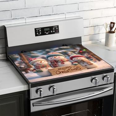 Imagem de BVBOX Capa superior de fogão de Natal para fogão elétrico 71.1 cm x 50.8 cm, capas superiores de fogão de vidro lavável decorativo tapete protetor de fogão para cozinha doméstica (três bonecos de neve