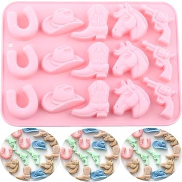 Imagem de EPYHREHM Molde de chocolate cowboy chapéu de cowboy bota cavalo em forma de sela moldes de silicone tema ocidental molde de assar festa para doces de chocolate