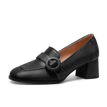 Imagem de GOFOURTHAT Mocassins femininos salto grosso sem cadarço 5 cm salto baixo feminino bico quadrado vestido trabalho escritório sapatos casuais, Preto fosco, 40