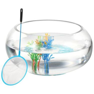 Imagem de Conjunto de aquário de vidro, aquário de vidro redondo com seixos luminosos, plantas artificiais e rede, vaso de aquário pequeno para decoração de escritório em casa (transparente)