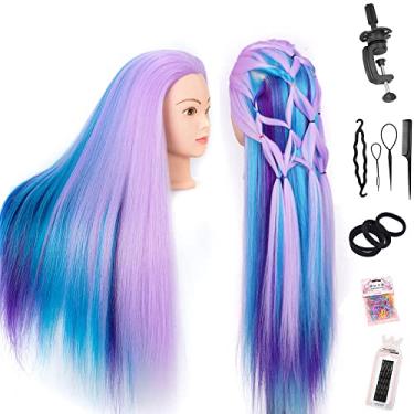 Imagem de Cabeça de manequim com cabelo de 66 cm cabeça de manequim estilo manequim cabeça de boneca cosmetologia cabeça de boneca multicolorida cabelo de fibra sintética (suporte de grampo de mesa incluído