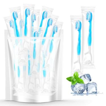 Imagem de 40 escovas de dentes descartáveis embaladas individualmente com pasta de dente, mini escova de dentes descartável 5 em 1 conveniente (escova de dentes + pasta de dente + raspador de língua + fio