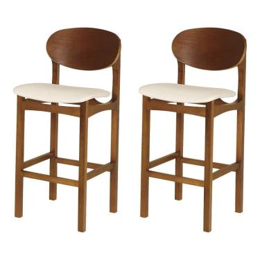 Imagem de Conjunto 2 Banquetas Samba Jequitibá Nozes Madeira Maciça Estrutura Premium Corino Bege