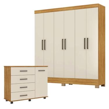 Imagem de Cômoda Flora E Guarda Roupa Casal Prático Cinamon Touch Off White - Demóbile