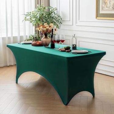 Imagem de FOLINS&HOME Toalha de mesa retangular verde de 2,4 m com elástico, resistente à água, lavável e lavável para mesas dobráveis de 2,3 m, toalha de mesa elástica para casamentos, banquetes, festas