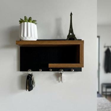 Imagem de Porta chaves Preto com Amadeirado em MDF Organizador Decoração para ca
