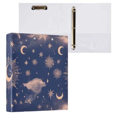 Imagem de Blueangle Fichário elegante com 3 anéis para sol e lua com prancheta e 2 bolsos - Organizador de documentos decorativos de 3 cm para escritório, suprimentos para reuniões (327)